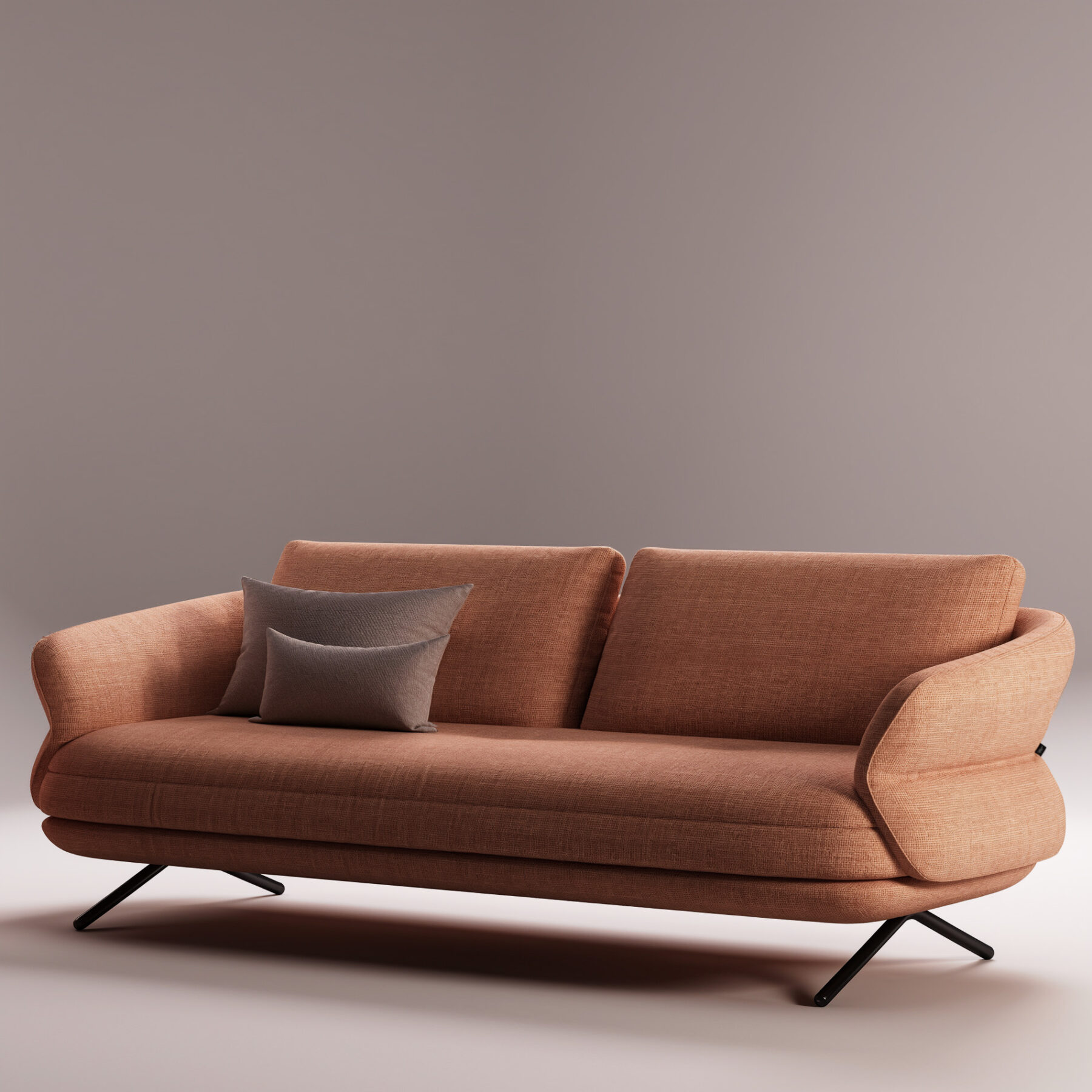 TULIP sofa in terracotta fabric, petal-shaped silhouette design by Joly Design for Vilmers (2023), featuring soft curves and slender black metal legs.