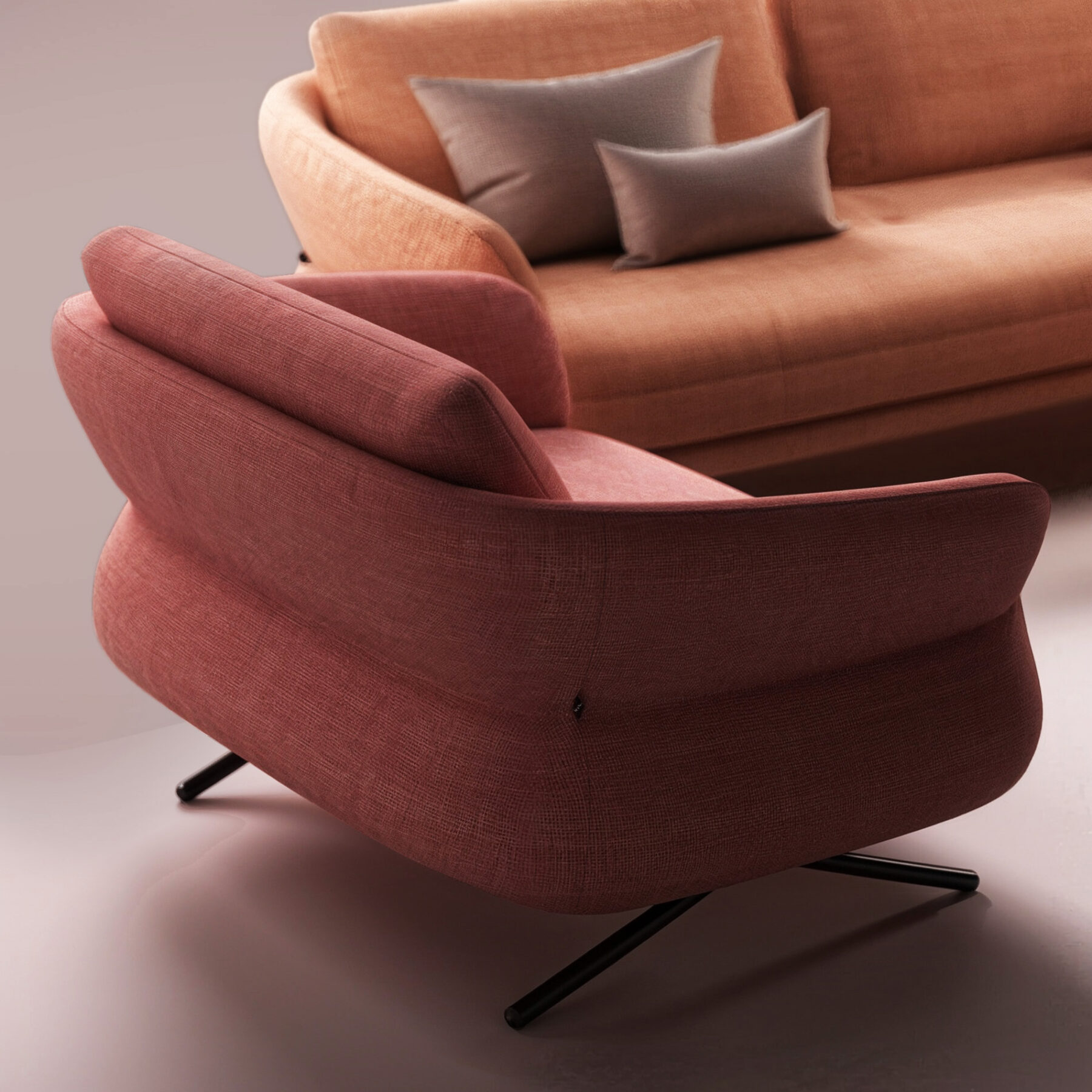 Canapé TULIP en tissu terracotta, silhouette en forme de pétale dessinée par Joly Design pour Vilmers (2023), aux courbes douces et pieds fins en métal noir.