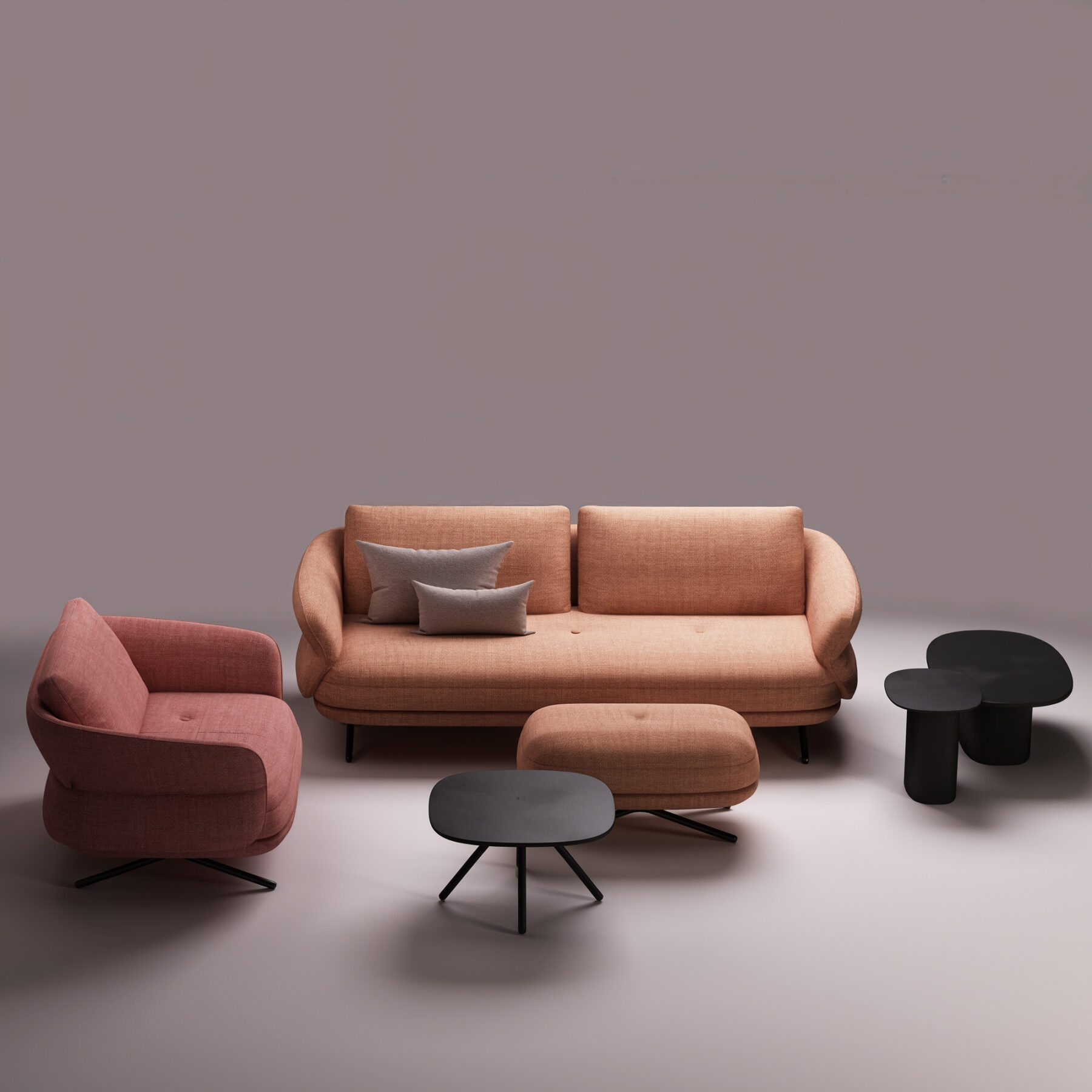 TULIP sofa in terracotta fabric, petal-shaped silhouette design by Joly Design for Vilmers (2023), featuring soft curves and slender black metal legs.