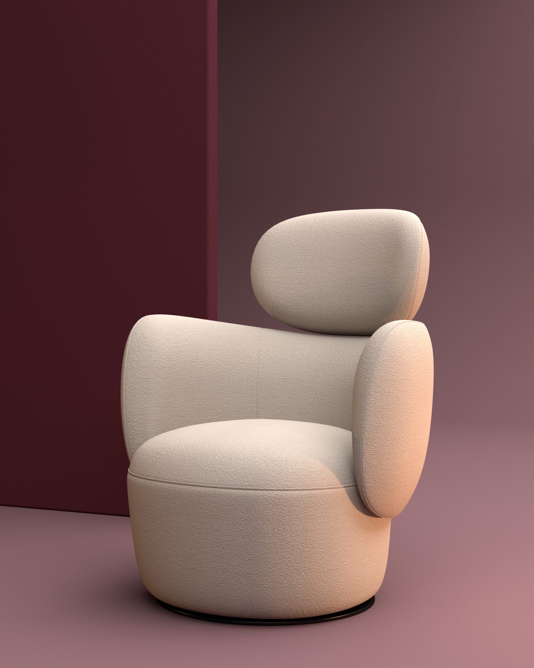 Beige fabric armchair with rounded shapes, placed on a soft pink floor against a burgundy wall, in a minimalist and elegant setting.
