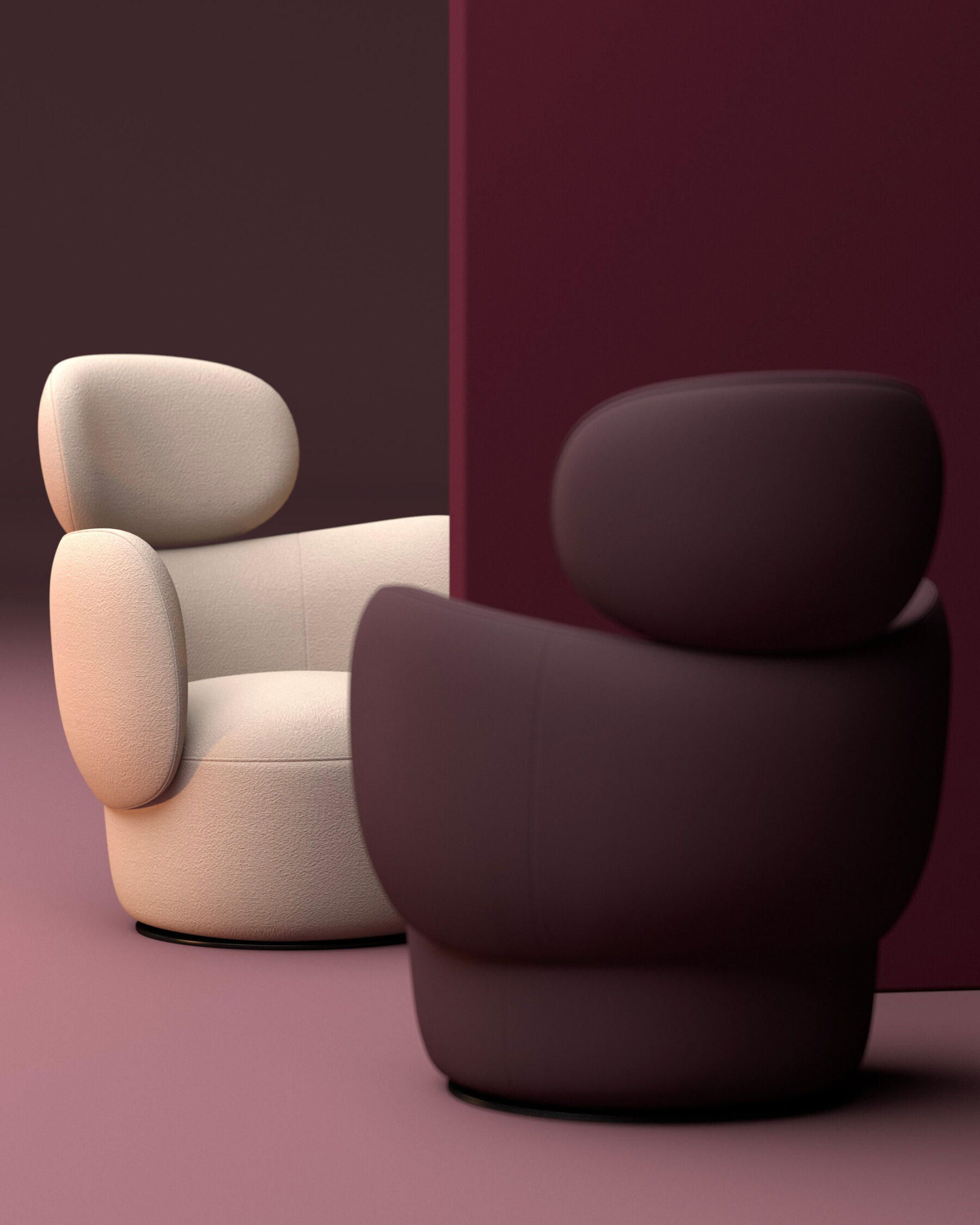 Beige fabric armchair with rounded shapes, placed on a soft pink floor against a burgundy wall, in a minimalist and elegant setting.