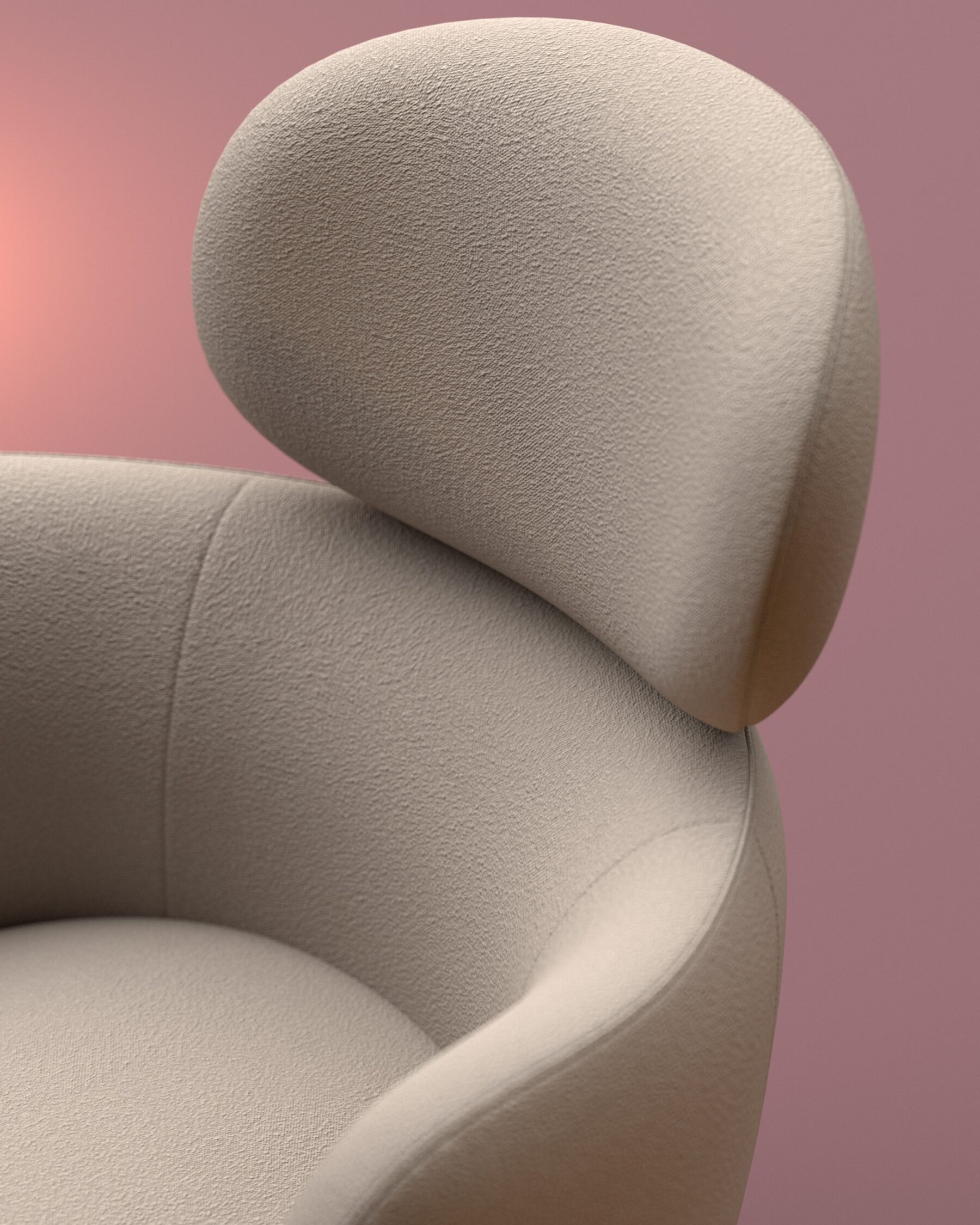 Beige fabric armchair with rounded shapes, placed on a soft pink floor against a burgundy wall, in a minimalist and elegant setting.