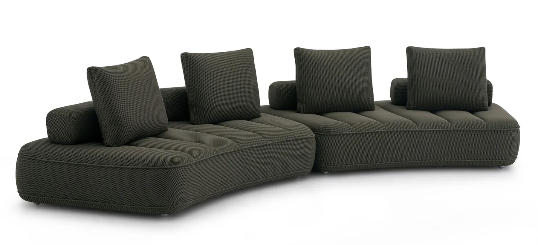 Contemporary modular sofa in anthracite, featuring three curved sections with quilted seats and several matching rectangular cushions.