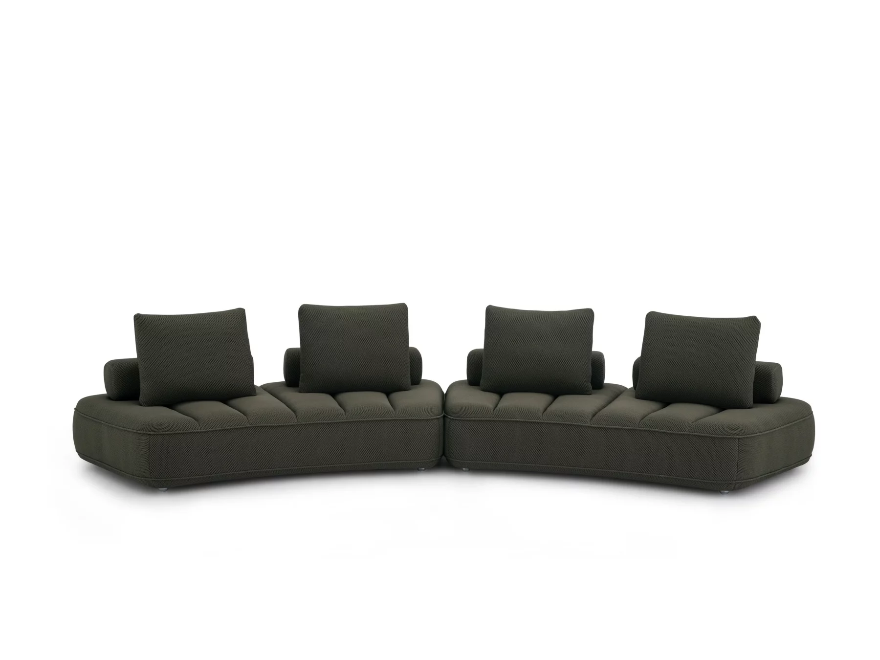 Contemporary modular sofa in anthracite, featuring three curved sections with quilted seats and several matching rectangular cushions.