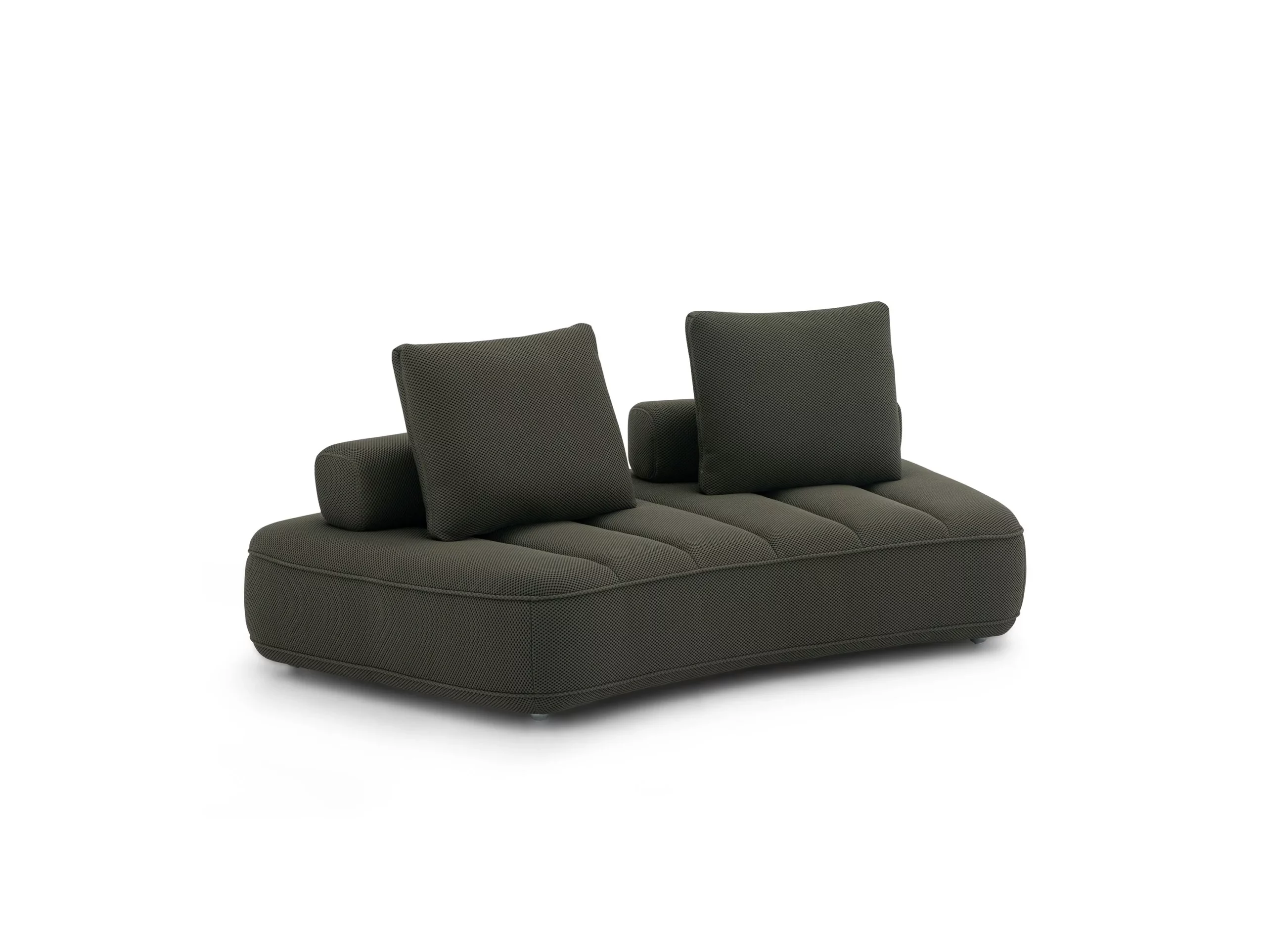 Contemporary modular sofa in anthracite, featuring three curved sections with quilted seats and several matching rectangular cushions.