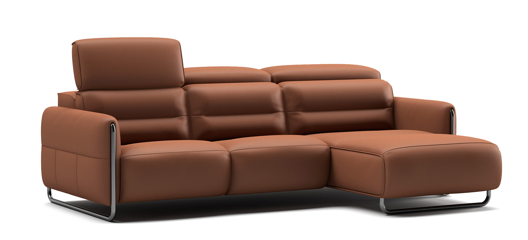 Canapé d’angle contemporain en cuir marron avec piètement en métal noir et appuie-têtes ajustables, design épuré et lignes moelleuses.