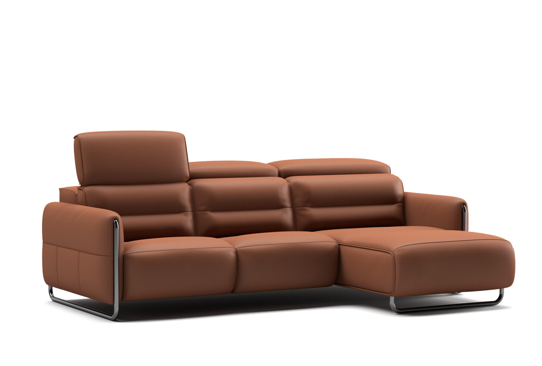 Contemporary brown leather sectional sofa with black metal legs and adjustable headrests, featuring a sleek design and soft, rounded lines.