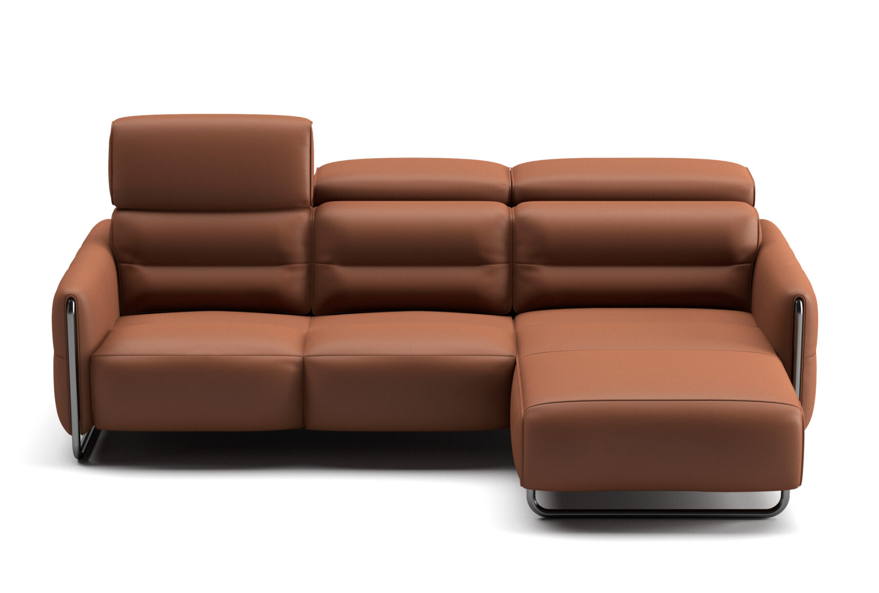 Canapé d’angle contemporain en cuir marron avec piètement en métal noir et appuie-têtes ajustables, design épuré et lignes moelleuses.