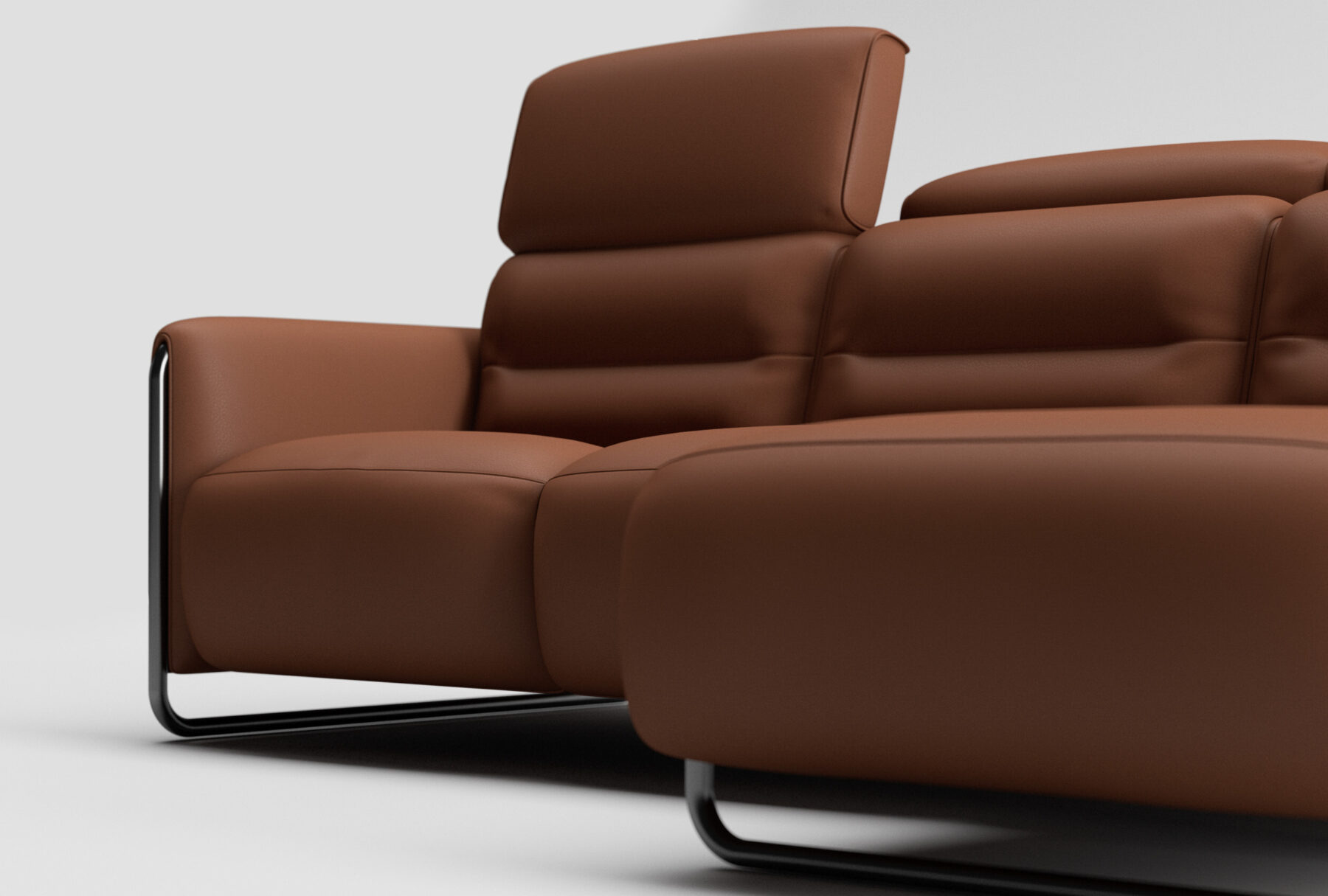 Contemporary brown leather sectional sofa with black metal legs and adjustable headrests, featuring a sleek design and soft, rounded lines.