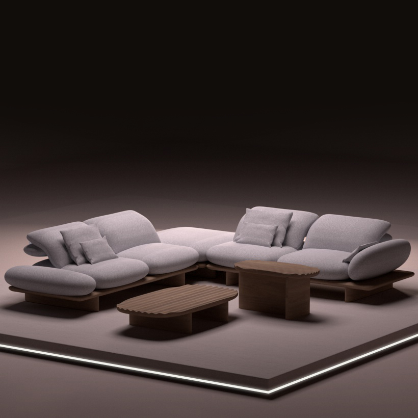 Light gray sectional sofa with organic shapes, paired with wooden coffee tables on an illuminated platform, in a minimalist and contemporary setting.