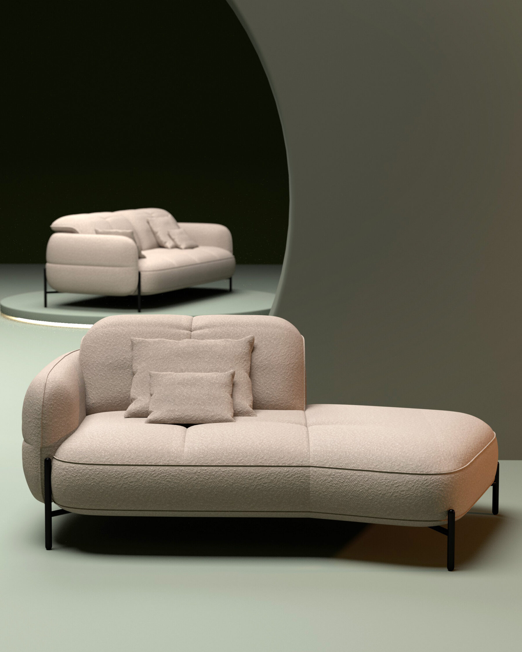 Design of a compact sofa for the brand Satis by Joly Design. JAY features an organic silhouette that combines elegance with space efficiency.