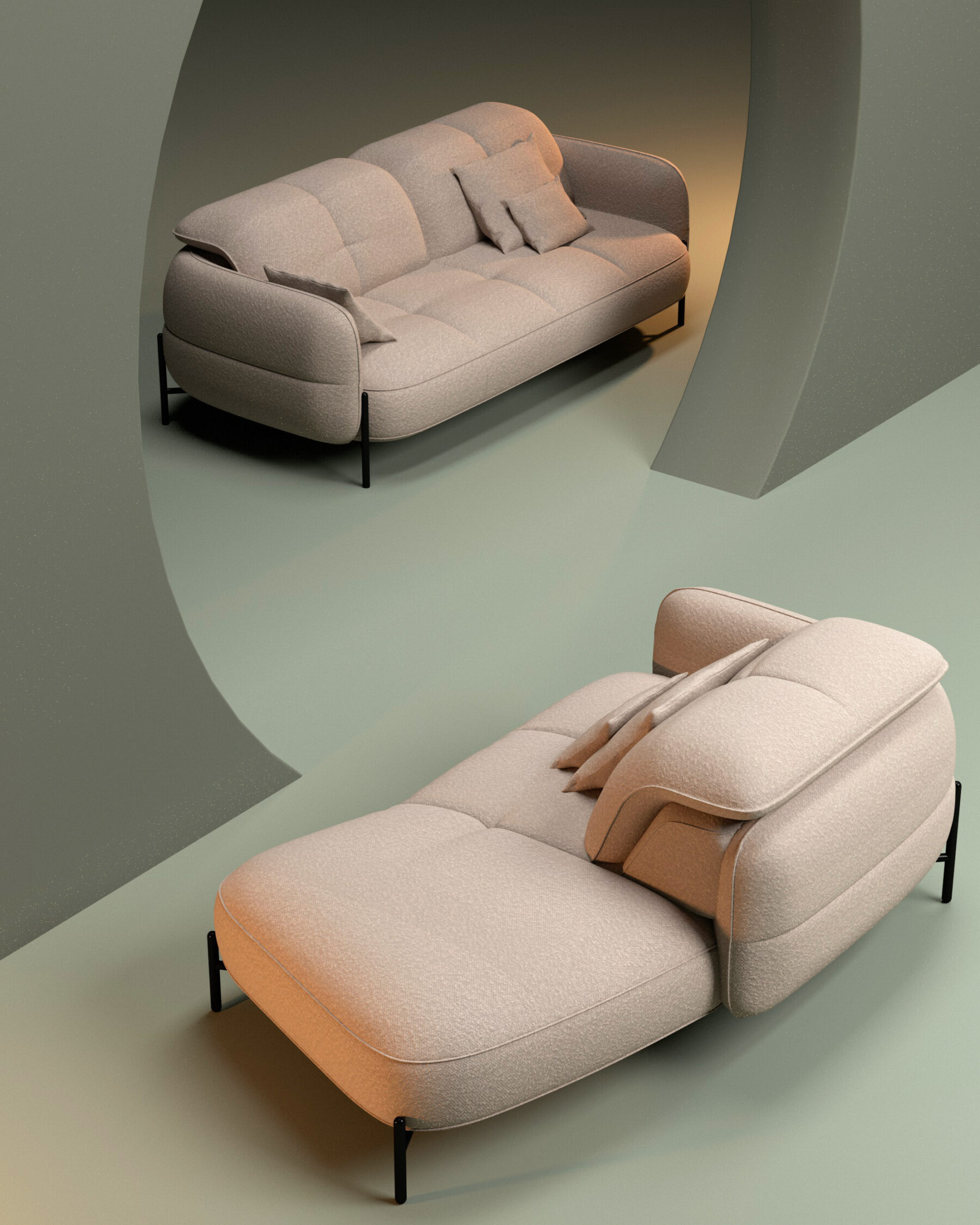 Design of a compact sofa for the brand Satis by Joly Design. JAY features an organic silhouette that combines elegance with space efficiency.