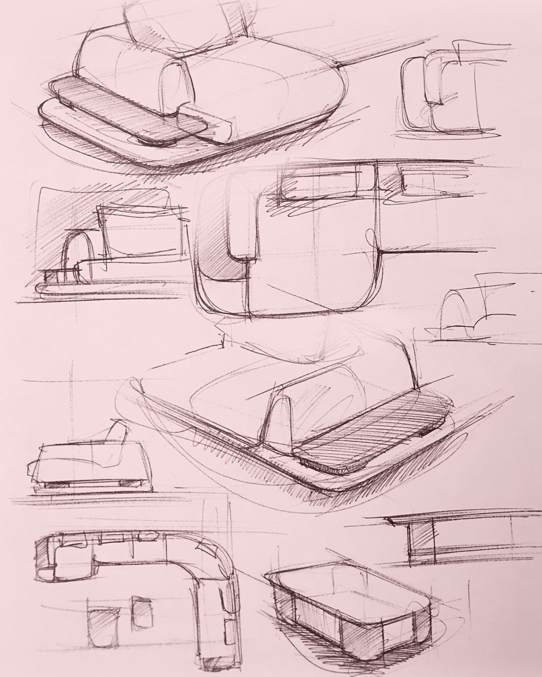Croquis d'un canapé d’angle modulable rose et rouge avec tables intégrées en bois clair, présenté dans un espace minimaliste aux tons chauds.