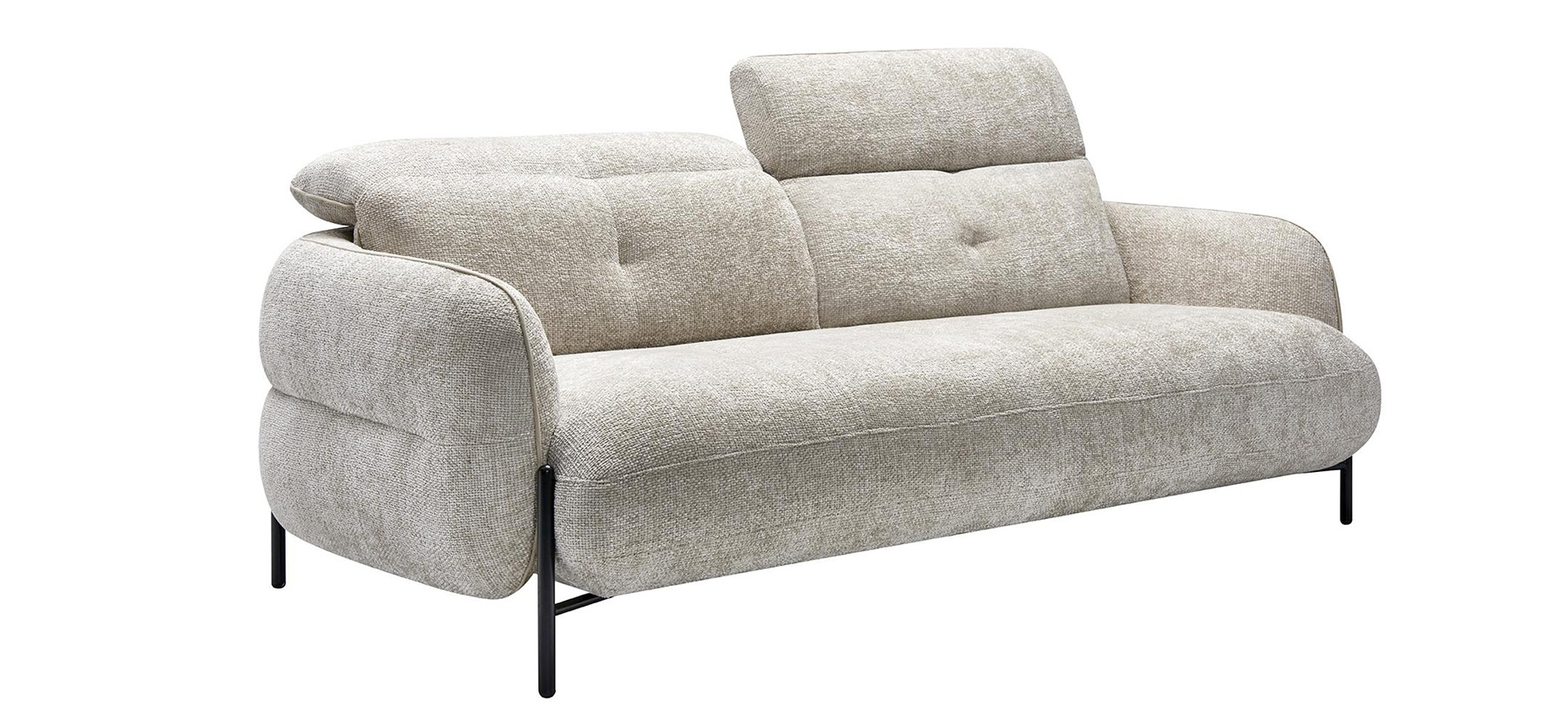 Compact sofa in beige textured fabric, rounded silhouette, adjustable headrests, and black metal legs.