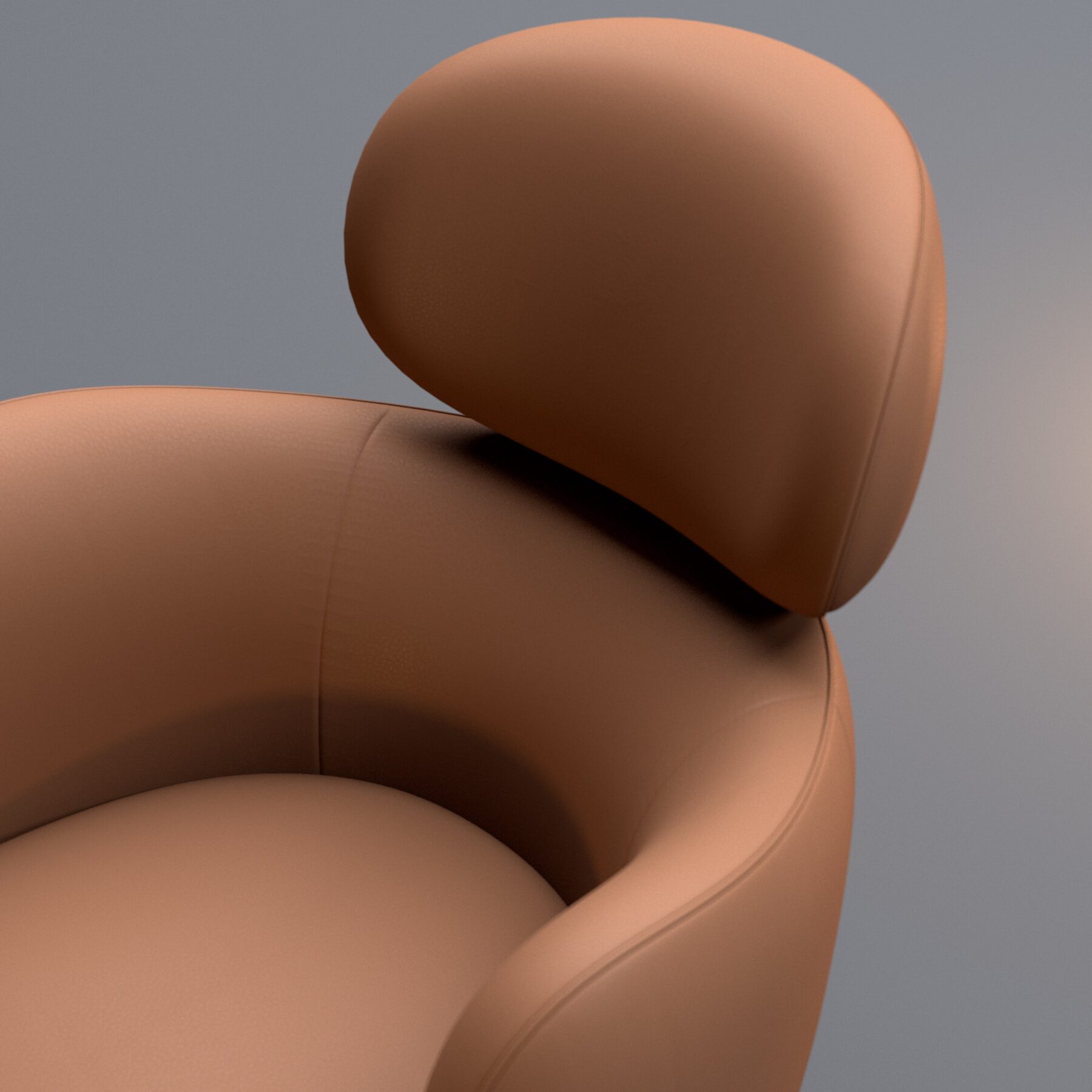 Fauteuil design en cuir camel aux formes arrondies, posé sur un sol rose poudré devant un mur bordeaux, dans une composition minimaliste et élégante.