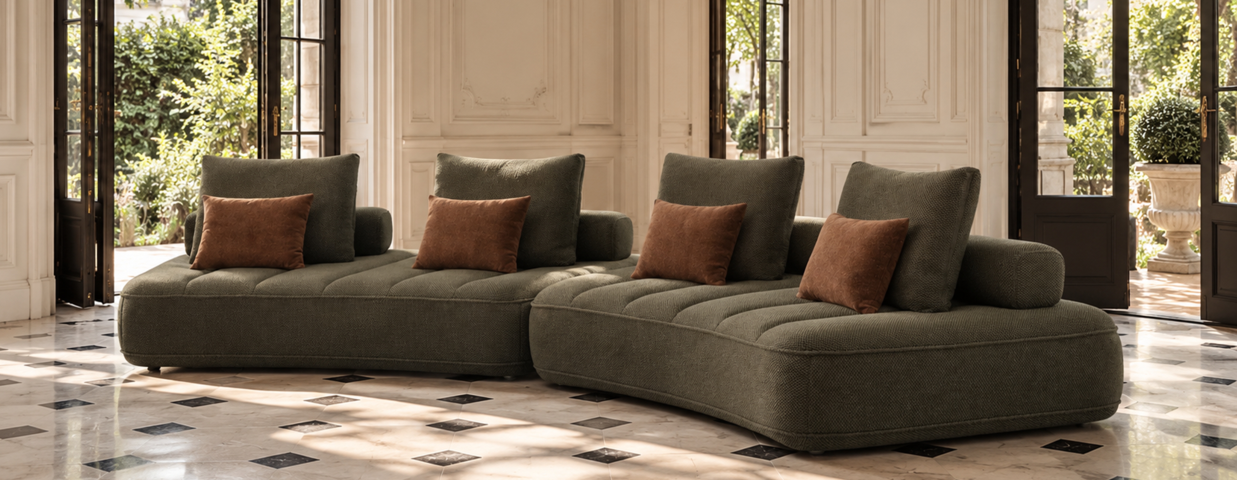 Canapé modulable aux lignes généreuses, habillé d’un tissu vert texturé et ponctué de coussins aux tons chauds, dans un intérieur parisien classique.
