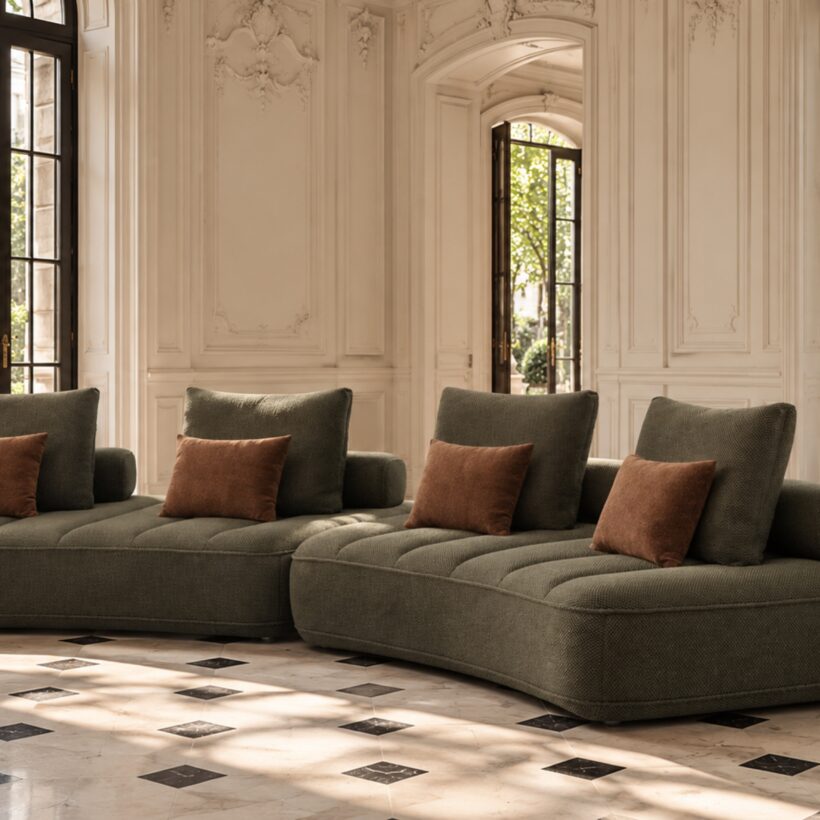 Canapé modulable aux lignes généreuses, habillé d’un tissu vert texturé et ponctué de coussins aux tons chauds, dans un intérieur parisien classique.