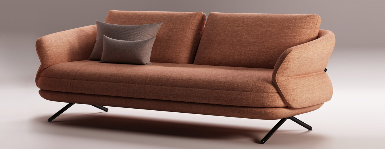 Canapé TULIP en tissu terracotta, silhouette en forme de pétale dessinée par Joly Design pour Vilmers (2023), aux courbes douces et pieds fins en métal noir.