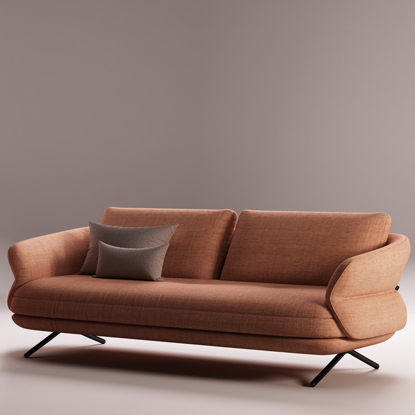 Canapé TULIP en tissu terracotta, silhouette en forme de pétale dessinée par Joly Design pour Vilmers (2023), aux courbes douces et pieds fins en métal noir.