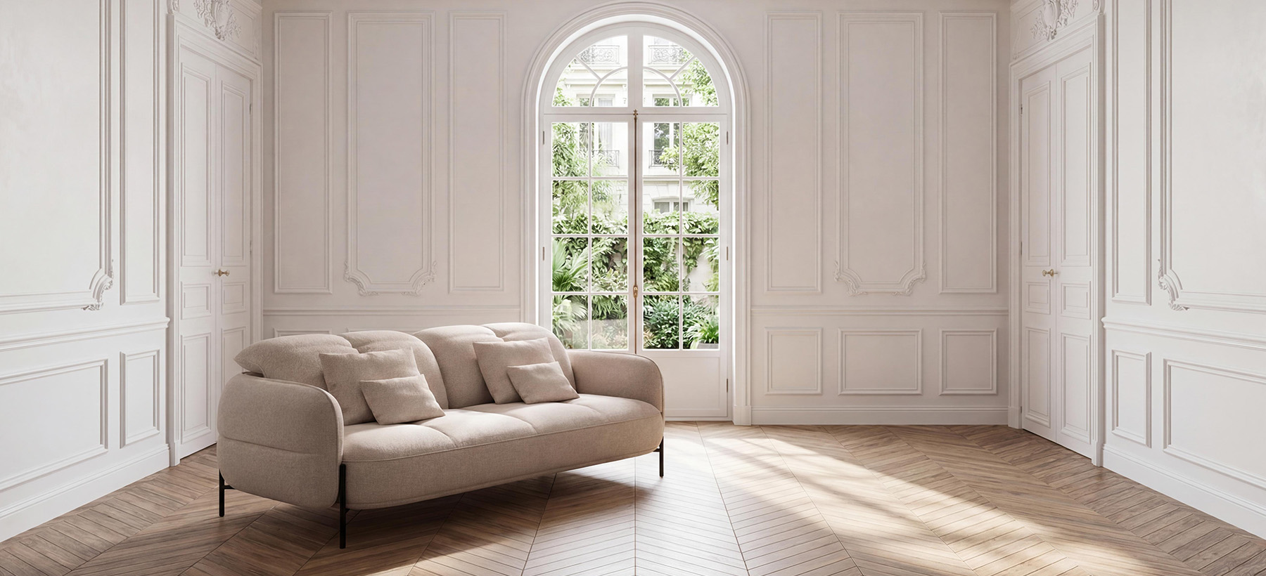 Compact sofa in textured beige fabric, with a rounded silhouette, adjustable headrests and black metal legs.