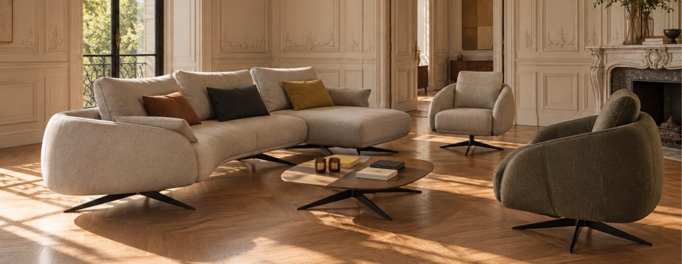 Canapé aux lignes organiques et généreuses, accompagné de fauteuils sculpturaux, dans un intérieur parisien classique baigné de lumière.